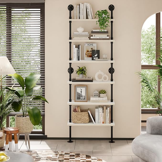 Pipe Shelves, Wall Mounted Wood Metal Industrial Shelves, Ladder Bookshelf for Living Room (White, 10" D x 30" W x 82.5" H)