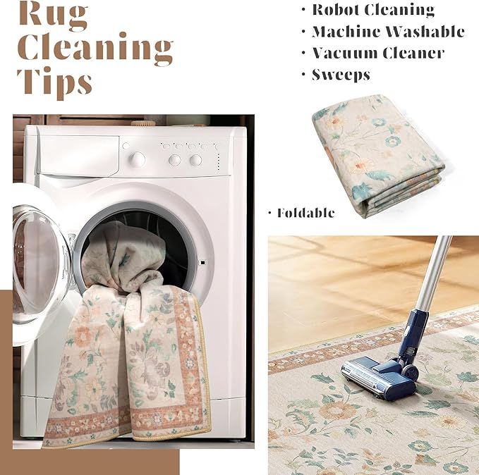 MUJOO 8x10 Area Rugs Washable,Large Floral Rugs for Living Room Bedroom Dining Room,Boho Indoor Floor Rug Non Slip Throw Carpet Low Pile Vintage Beige