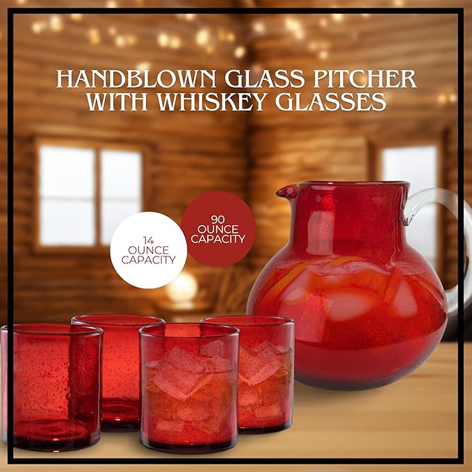 ARTLAND Iris 90oz Hand Blown Pitcher & Double Old Fashion 14oz Glasses (Set of 4) - Lead-Free Bubble Shape Glassware for Stylish Serving and Dining - Kitchen Essential & Table Decor (Ruby)