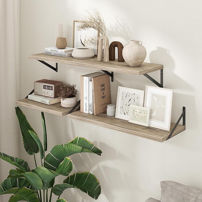 Axeman Deep Floating Shelves - 20 Inch Floating Shelves Set of 2-12 Inch Deep Grey Wall Shelves for Living Room Bathroom Kitchen