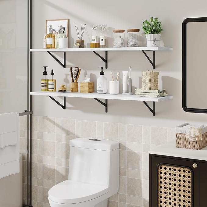 48inch Floating Shelves for Wall,10" Deep Floating Shelves with Metal Brackets,Wall Mounted Hanging Floating Shelf,Wide Display Shelves for Living Room,Bedroom,Office,Kitchen,White