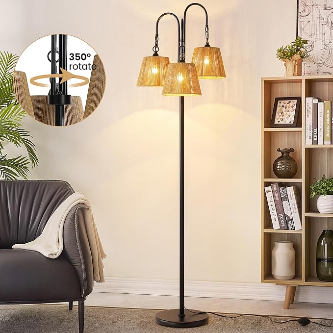 Rattan Floor Lamp, 68in. Boho Floor Lamps with Natural Shade, 3-Light Tree Lamp for Coastal, Beach or Bohemian Style Decor, E26 Socket, On/Off Footswitch Lamp for Living room, Bedroom (Bohemian-Black)