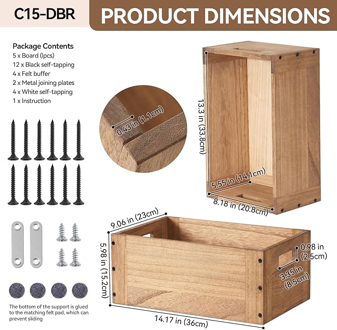 KIRIGEN Stackable Wood Storage Cube Organizer with Handle, Modular Open Cubby Bins for Books, Clothes, Toys, Shoes, Bookcase Shelf for Home Office Bedroom Brown C15-DBR