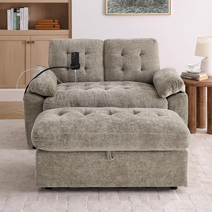 Oversized Chaise Lounge Chair Indoor, Double Convertible Recliner Reading Arm Sofa Chair W/Adjustable Backrest & Charging Port Couch Bed for Living Room, Home Theater & Bedroom, Brown