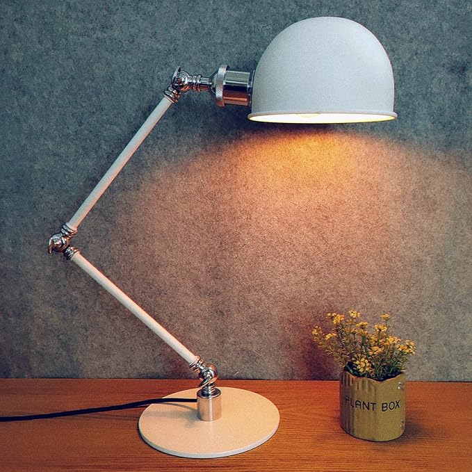 Makeup Vintage Desk Lamp, Adjustable Swing Arm Industrial Metal Task Table Lamp, Bedroom Bedside Night Light Retro Reading Lighting,White