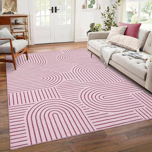 Washable Rug 8x10 Area Rugs for Living Room, Abstract Rug for Bedroom, Soft Rainbow Non Slip Throw Rugs with Rubber Back, Low Pile Stain Resistant Boho Geometric Carpet for Dining Room, Pink
