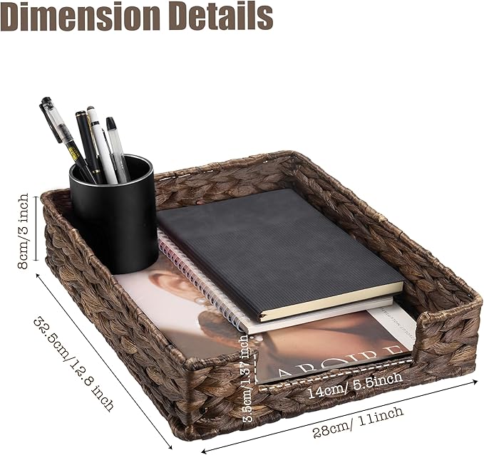 PINXIURY Water Hyacinth Letter Tray for A4 File Desk Mail Letter-Size Paper, Basket Woven Organizer, Magazine Files Storage, Office Document Organizer and Storage, Coffee
