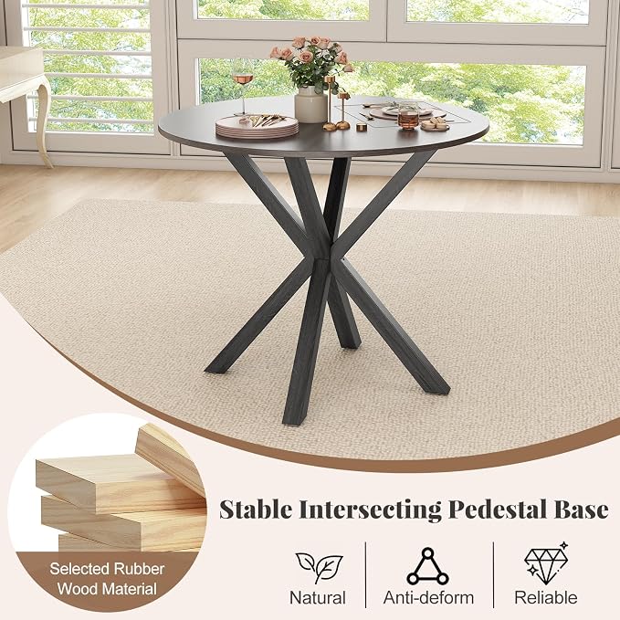 Moccha 36" Round Dining Table for 4 - Rubber Wood Kitchen Table with Intersecting Trestle Legs, Vintage Bar Table, Farmhouse Dining Room Tables for Dinette, Small Space, Restaurant, Bistro (Black)