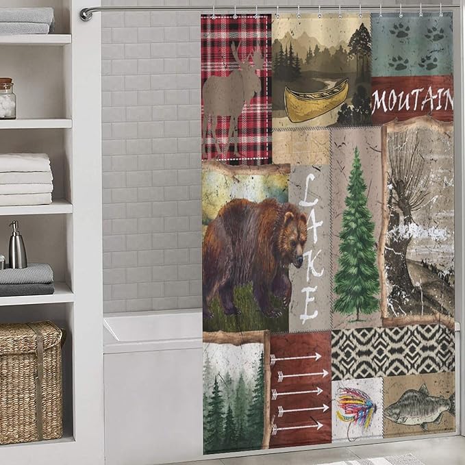 Retro Rustic Bear Shower Curtains, Vintage Deer Farmhouse Forest Cabin Lodge Woodland Adventure Cottage Country Waterproof Shower Curtains for Bathroom Decor 12 Pack Hooks 55x72in（140x183cm）