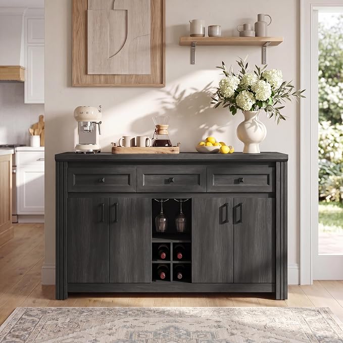Buffet Sideboard with Power Outlet, 55" Wine Bar Cabinet with Wine Rack & Glass Holder, Farmhouse Wood Coffee Bar with Storage and Adjustable Shelves for Kitchen, Black