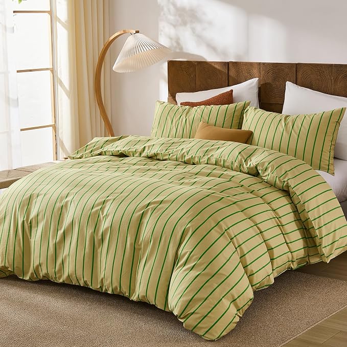 Merryword Striped Duvet Cover Set Queen Size - 100% Cotton Duvet Cover Set, Khaki & Green Stripes Pattern Comforter Cover 3 Pieces, Soft Linen Like Bedding Set for All Seasons