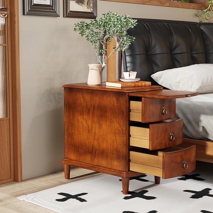 2 Set Solid Wood End Table with 3 Drawers, Cherry Red American Style Beside Table with Slide-Out Coffee Tray, Sofa Chair Side Table Nightstand for Living Room Bedroom, Rustic Wood Grain Accent Table
