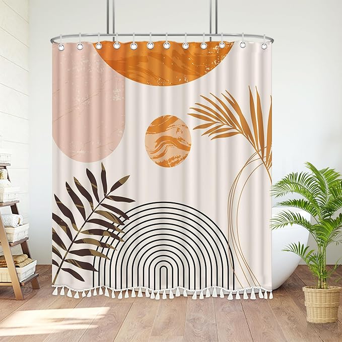 Boho Mid Century Leaf Shower Curtain Set,Arch Sun Design,Minimalistic Leaves Pattern,Waterproof and Luxurious Fabric-12 Hooks(Orange-72" x 72")