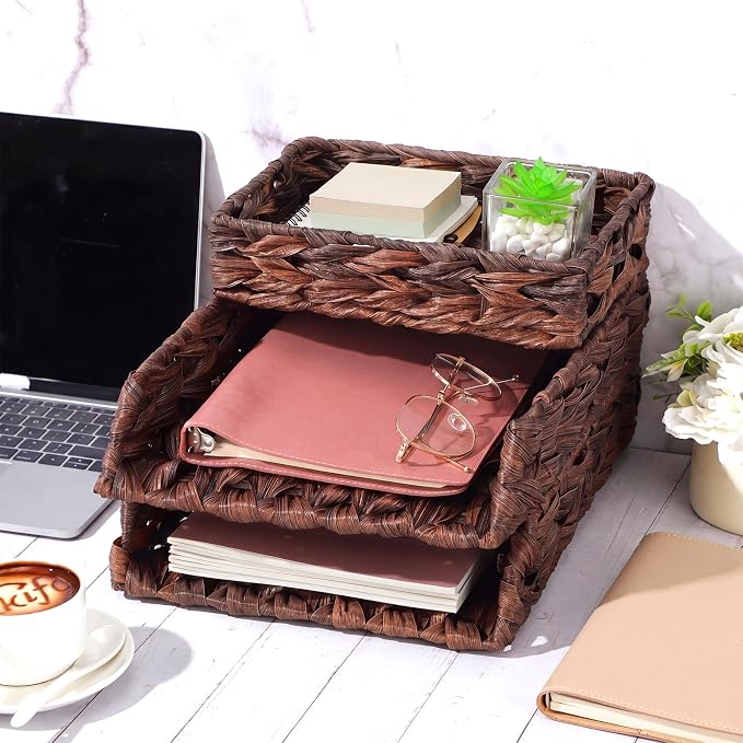 Geelin 3 Pack Water Hyacinth Woven Stackable Desk Organizer Letter Tray, Brown Tabletop Desk Basket for Storage Paper Letter Folders Notebooks Copy Print, Workspace Holder