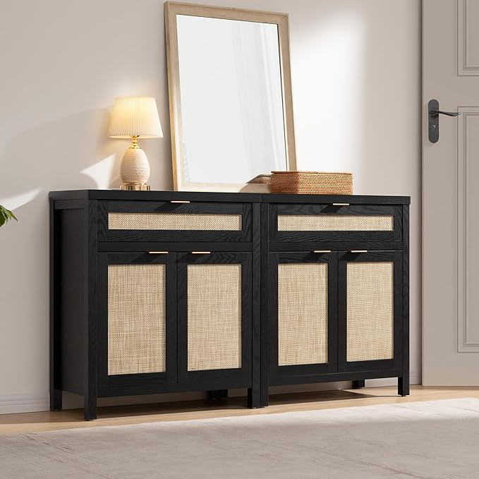 SICOTAS Sideboard Buffet Storage Cabinet Set of 2, Rattan Credenza Buffet Table, Modern Console Accent Cabinet with Doors and Drawer, Coffee Bar Cabinets for Kitchen Entryway Living Room, Black