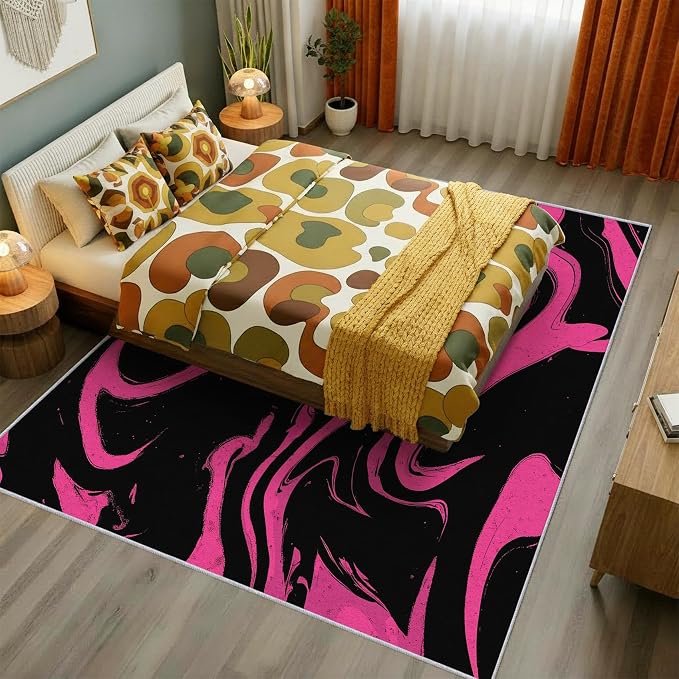 70s Rug 6x8 Retro Black Pink Abstract Hippie Pattern Area Rugs for Living Room, Bedroom, 70s Home Decor Accessories Indoor Carpet, Non Slip & Machine Washable, GD0388