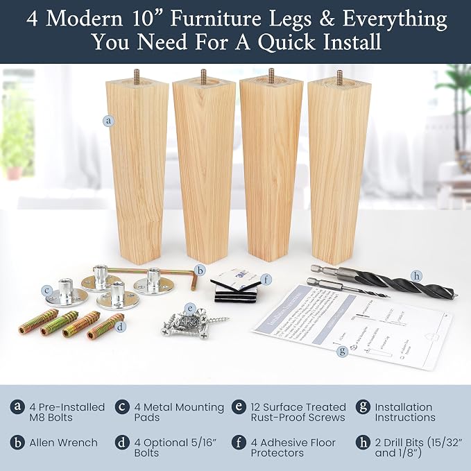Airy Abode Premium Ash Wood Square Furniture Legs (Full Install Kit) - Pick Your Size and Color
