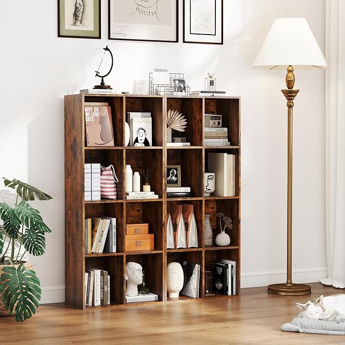 Tangkula 8-Cube Bookcase, Large Floor Standing Horizontal Bookshelf with 8 Open Shelves & 2 Anti-Tipping Kits, Home Office Wooden Storage Book Shelf for Living Room, Study (Rustic Brown, 8-Cube)