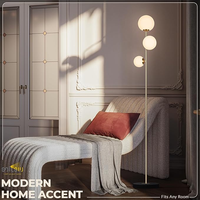 3 Globe Floor Lamp - Mid Century Modern Standing Light with 3 Color Temperatures, LED Bulbs, Frosted Glass Shades for Living Room (Gold)