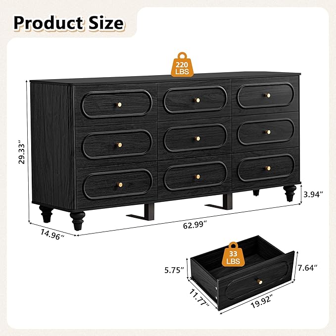 ORRD 9 Drawer Fluted Dresser for Bedroom, Mid Century Modern Chest of Drawers, Wood Storage Small Dresser Organizer for Bedroom Living Room Hallway Closet, Black