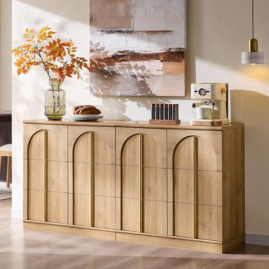 ACCOHOHO Buffet Cabinet with Storage & Arched Doors, 31.5 Inch Wood Sideboard W/Adjustable Shelf, Modern Coffee Bar Tables Accent Cabinets for Living Room,Kitchen or Entryway (Natural Oak, 2 Piece)