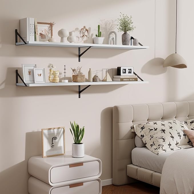 Deep Floating Shelves,55" Wx10 D Wood Wall Shelves Set of 2,Long Wood Floating Shelf with Metal Brackets,Floating Bookshelf for Living Room,Kitchen,Office,Bedroom,Decor Storage,White