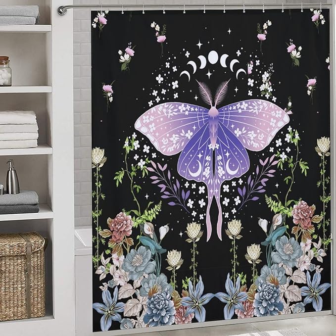 Floral Moth Moon Shower Curtain, Nature Aesthetic Flower Phase of The Moon Artistic Design Waterproof Shower Curtains for Bathroom Decor 12 Pack Hooks 72x72in (183x183cm)