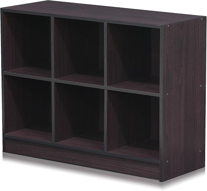 Furinno BASIC Book Shelf, 6-Cube Bookshelf with Open Shelf, 3 x 2 Bookcase with Storage Bins, Closed Back, Horizontal, 11.9 x 31.6 x 23.6, for Living Room, Bedroom, Home Office, Dark Walnut