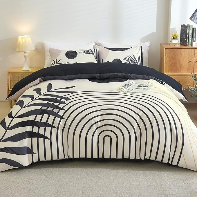 Hilioens Boho Duvet Cover Queen Black Abstract Arch Sun Modern Mid Century Boho Bedding Sets for All Seasons, 3 Pieces Home Bedroom Decorations Soft Microfiber