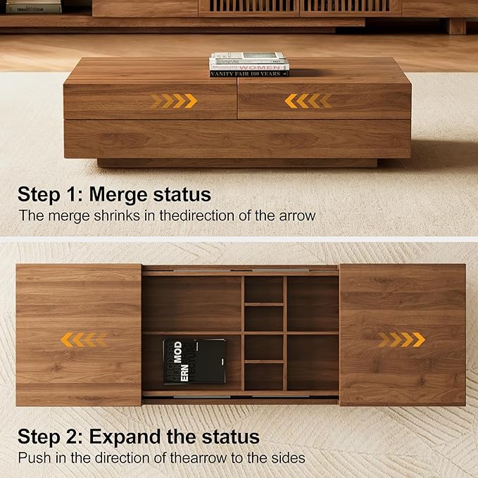 Mid-Century Modern Farmhouse 47.2-81.8" Expandable Coffee Table，Adjustable Center Table with Large Storage for Living Room, Walnut