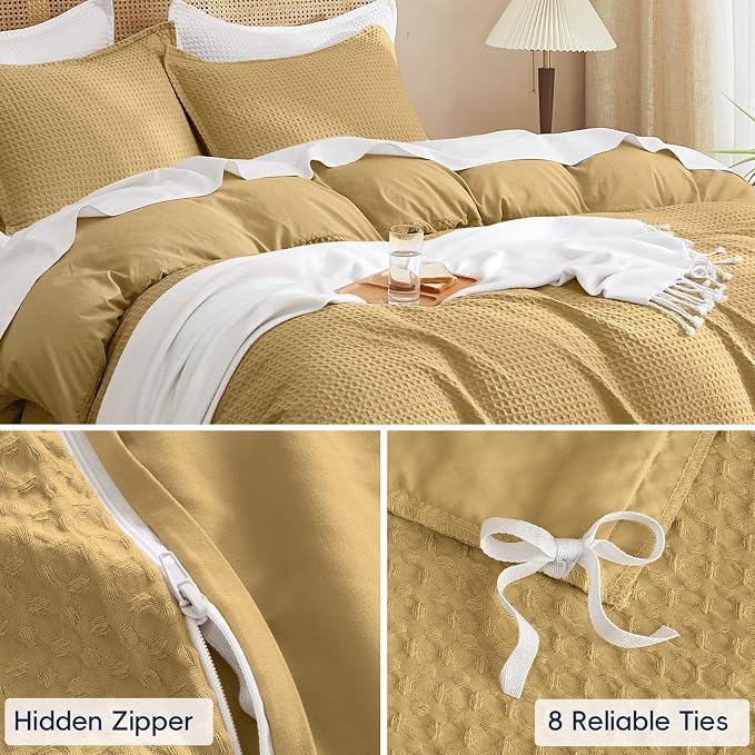 PHF Waffle Weave Duvet Cover Set Queen Size, No Snagging Ultra Soft Luxury Textured Breathable Comforter Cover for All Season 3pcs, Durable Bedding Duvet Set with 2 Pillow Shams, 90"x90", Antelope
