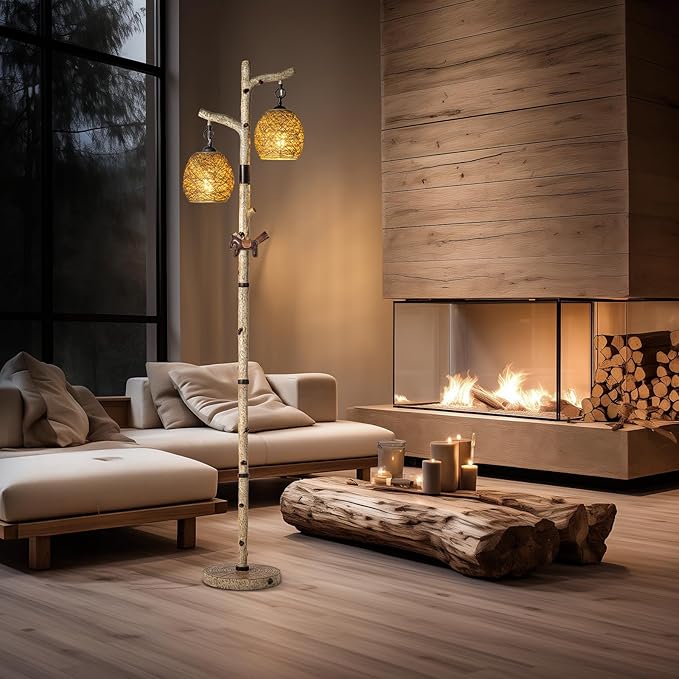 Scenekoy 68.5" Rustic Farmhouse Remote Control Switch Birch Tree Floor lamp with Bird Nest Lantern Shade Vintage Standing Lamp for Living Room Bedroom Hotel Bar Office Wood House(Bulb Included)