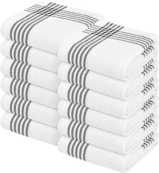 Waffle White & Black 12 Pack Kitchen Dish Towels, 100% Cotton, 16x26 inches, Wash Rags for Drying Dishes, Highly Absorbent, Long Lasting Hand Towels Set for Daily Cooking & Cleaning