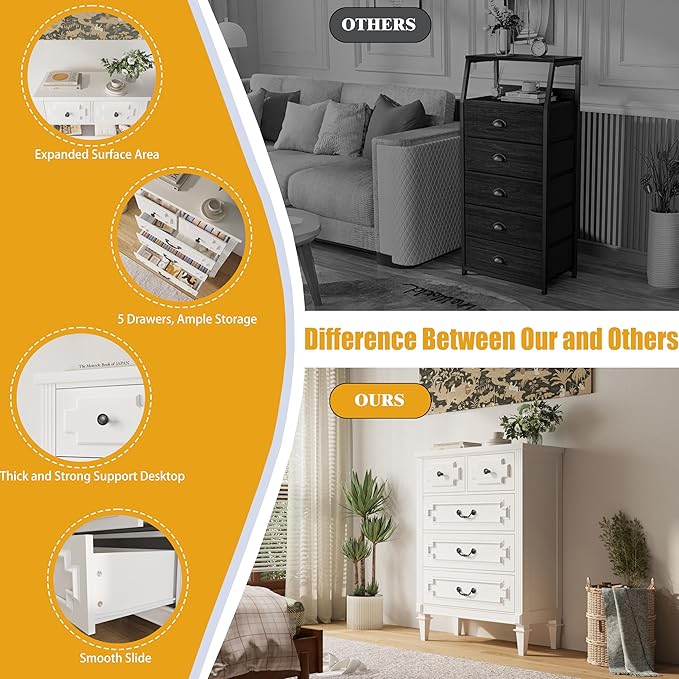 5 Drawer Dresser for Bedroom, 44" Tall Dresser & Chest of Drawers wtih Vintage Surface, Closet Storage Cabinet for Living Room, Hallway, White