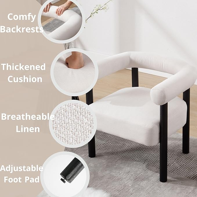 Barrel Accent Chairs Set of 2, Linen Upholstered Modern Living Room Chairs, Comfy Accent Chairs with Curved Backrests and Wood Legs Armchairs for Living Room, Bedroom, Beige