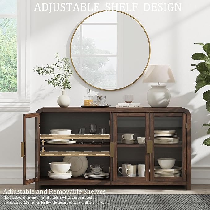 Oak&Sparrow Oak Sideboard Buffet Cabinet with Storage, 60'' Boho Buffets & Sideboards with Adjustable Shelves, Sideboard Cabinet with 4 Glass Doors for Living Room, Hallway & Kitchen