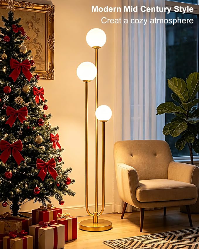 Lightdot 63IN Gold Floor Lamp Dimmable 3-Lights Globe LED Floor Lamps with 3000K Soft Warm White for Wedding/Party Tall Lamp with 5Lbs Heavy Base for Living Room/Bedroom/Sofa Beside/Corner Decor