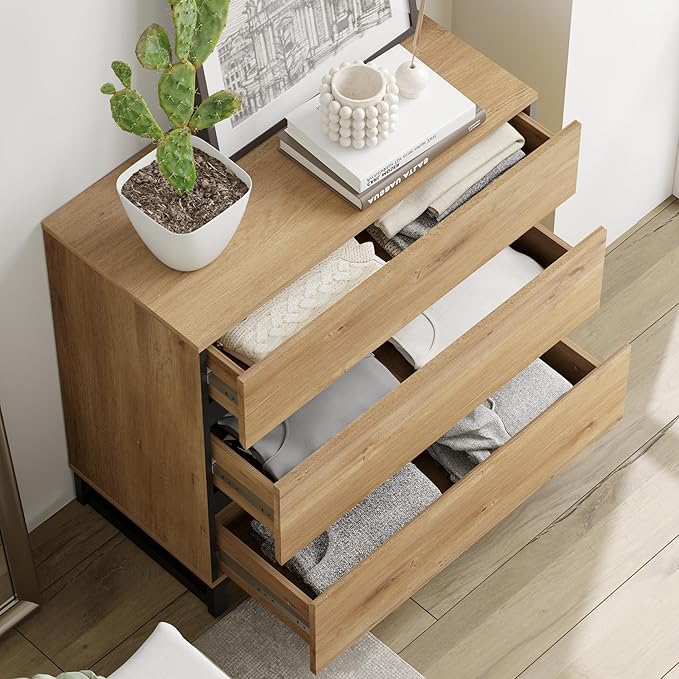WAMPAT Dresser for Bedroom, Closet Organizers and Storage with 3 Drawers, Chest of Drawers with Metal Base, Modern Wood Dresser for Living Room, Hallway, Entryway, Oak