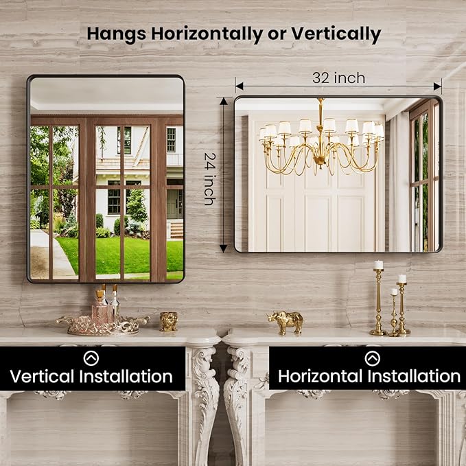 Bathroom Mirror, 24 x 32 Inch Wall Mounted Mirror, Black Metal Frame Vanity Mirror with Tempered Glass for Farmhouse Bedroom, Entryway, Living Room