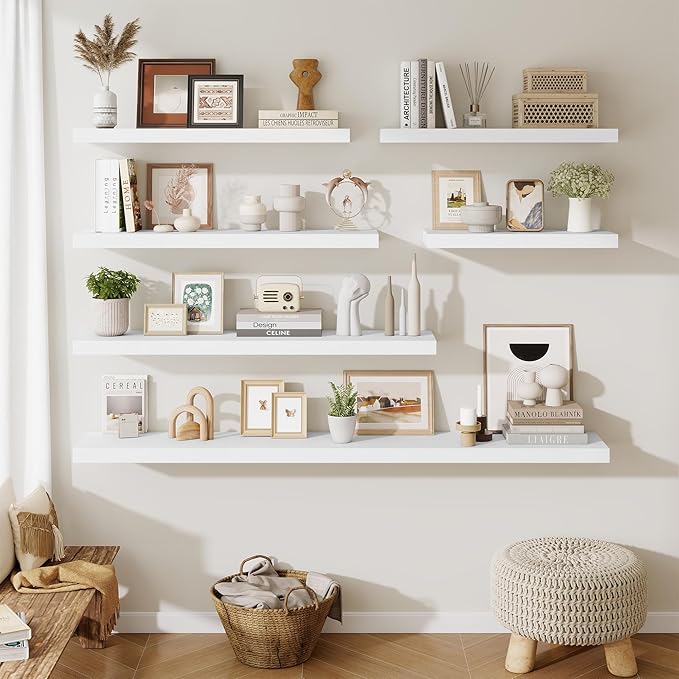 Fun Memories 24 x 10 Floating Shelves Wall-Mounted - Rustic Wood Shelf - 10 Inch Deep Floating Shelves for Wall - Large Storage Shelf for Bathroom - Kitchen & Bedroom - White - Set of 2