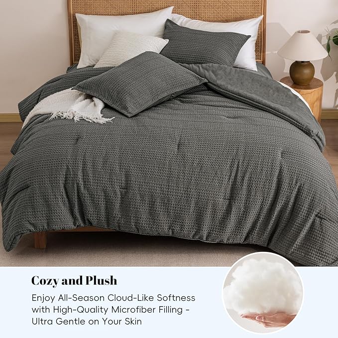 PHF Soft Waffle Comforter Set Twin Size- Comfy Breathable Waffle Weave Comforter with 1 Pillow Shams, 2 Pieces Less Snagging Lightweight Textured Bedding Set for All Season, Grey