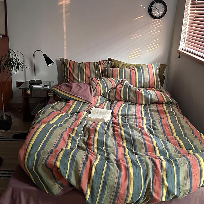 mixinni Vintage Striped Duvet Cover Set Twin XL Size - 3 Piece 100% Washed Cotton Bedding Set, Soft & Breathable,Colorful Striped Pattern Printed Comforter Cover for All Seasons