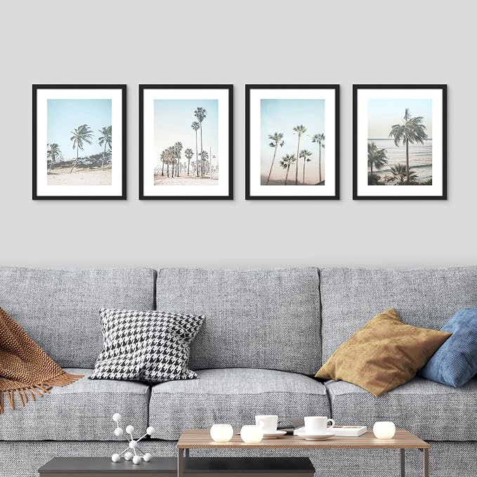 SIGNWIN Framed Washed Out Tropical Island Wall Art, Set of 4 Island Palm Tree Beach Landscapet Wall Decor Prints, Nature Wilderness Wall Décor for Living Room, Bedroom - 12"x16" Black