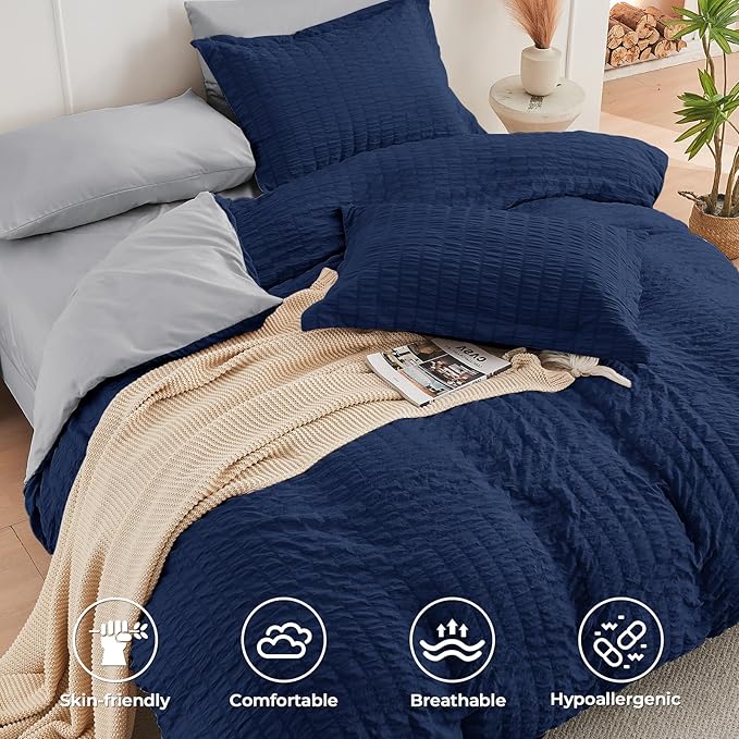 HYMOKEGE Navy Blue/Light Grey Twin XL Comforter Set Seersucker 5 Pieces, All Season Luxury Bed in a Bag for Bedroom, Bedding Set with Comforter, Sheets, Pillowcase & Sham