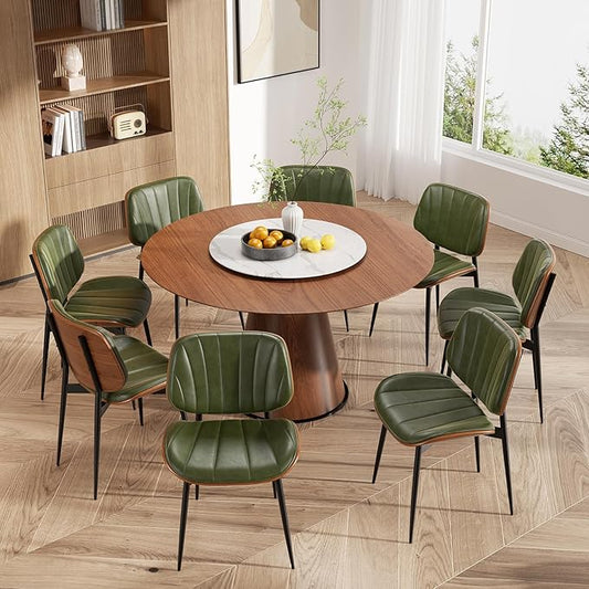 Dining Chairs Set of 8, Mid Century Modern Dining Room Chair, Upholstered Faux Leather Kitchen Chairs with Walnut Bentwood Back and Metal Legs for Kitchen Dining Room Living Room, Green