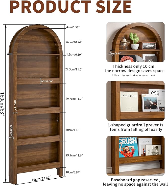 Narrow Tall Wall Mounted Bookshelf for Living Room Bedroom (Brown)