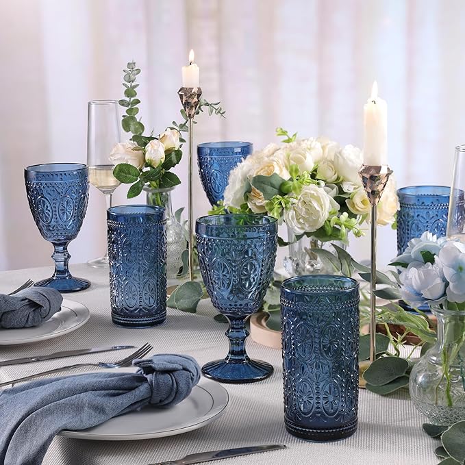abrwyy Blue Wine Glasses set of 4, Blue Goblets, Vintage Drinking Glassware, Colored Glassware Set for Party Home Wedding Baby Shower