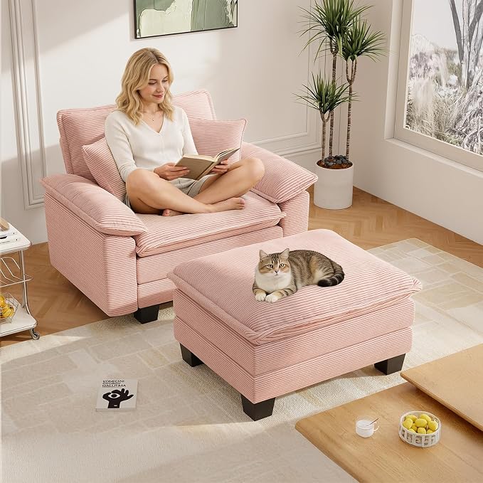 Chaise Lounge Chair Indoor, Oversized Accent Chairs with Ottoman, Luxury Corduroy Upholstered Deep Seat Sleeper Sofa Reading Chairs and A Half with Pillows for Living Room, Bedroom, Apartment, Pink