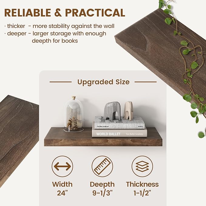 Reclaimed Elm Wood Floating Shelves for Wall, Flat Edge 24"W x 9.2"D x 1.4"H, Set of 2 with Invisible Bracket, Wall Mounted Shelves for Living Room Bedroom Kitchen Bathroom Decor, Walnut Finish
