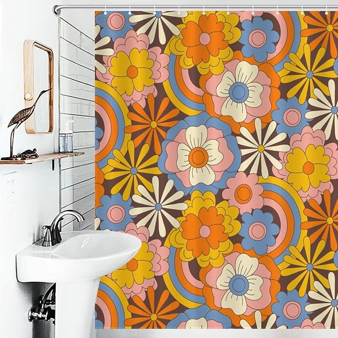 70s Shower Curtain for Bathroom,Rustic Hippie Orange 70s Daisy Floral Flower Cute Funky Trippy Groovy Vintage Boho Colorful Waterproof Fabric Shower Curtain Set with Hooks, 72"x78"